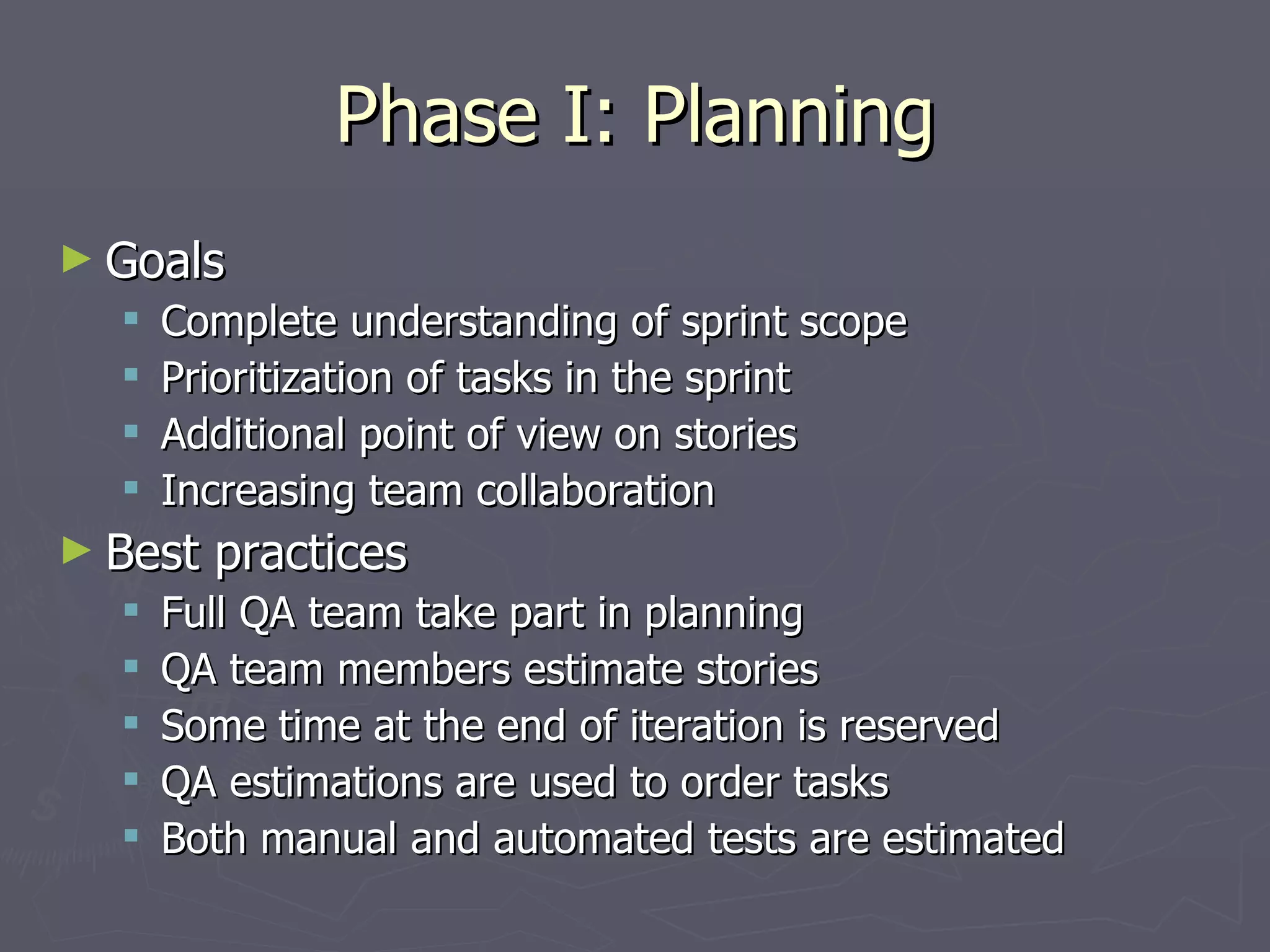 Phase I: Planning Goals Complete understanding of sprint scope Prioritization of tasks in the sprint Additional point of view on stories Increasing team collaboration Best practices Full QA team take part in planning QA team members estimate stories Some time at the end of iteration is reserved QA estimations are used to order tasks Both manual and automated tests are estimated 