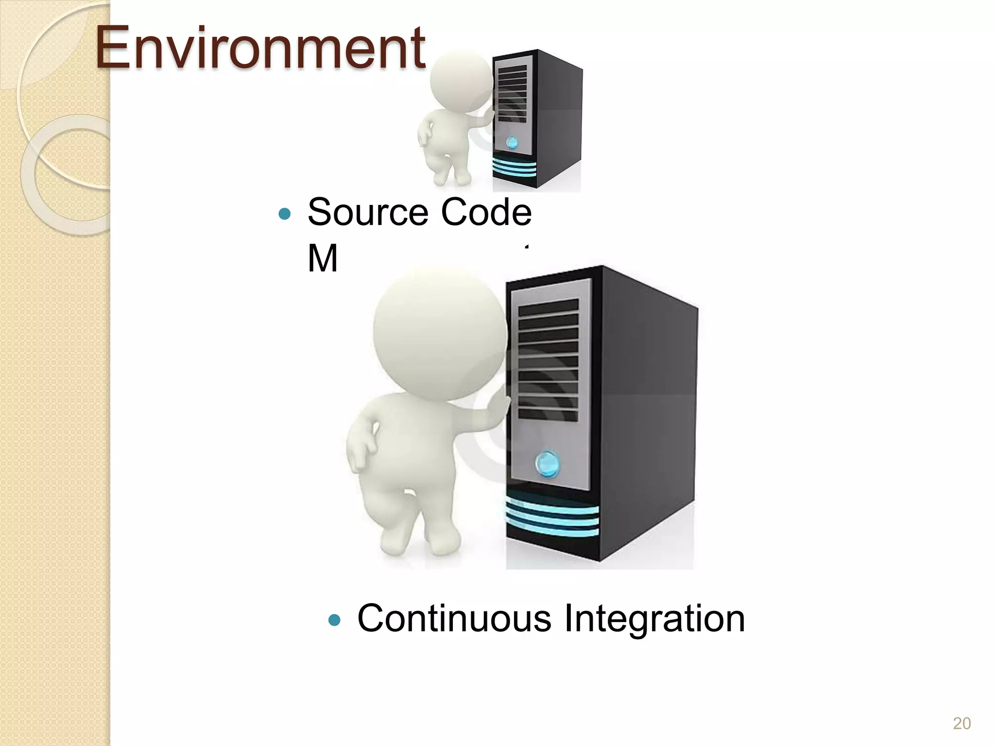 Environment
20
 Source Code
Management
 Continuous Integration
 