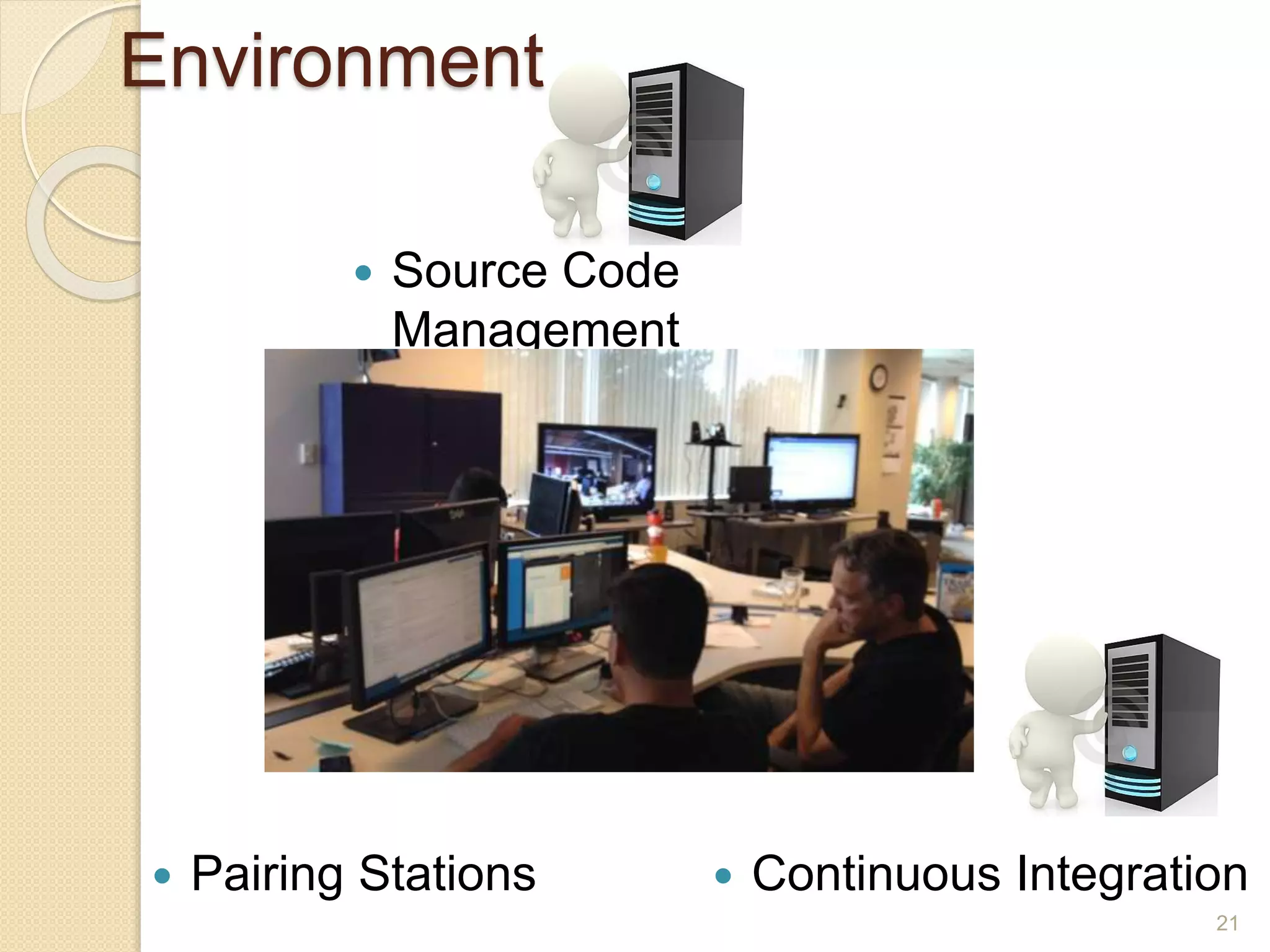 Environment
21
 Pairing Stations
 Source Code
Management
 Continuous Integration
 