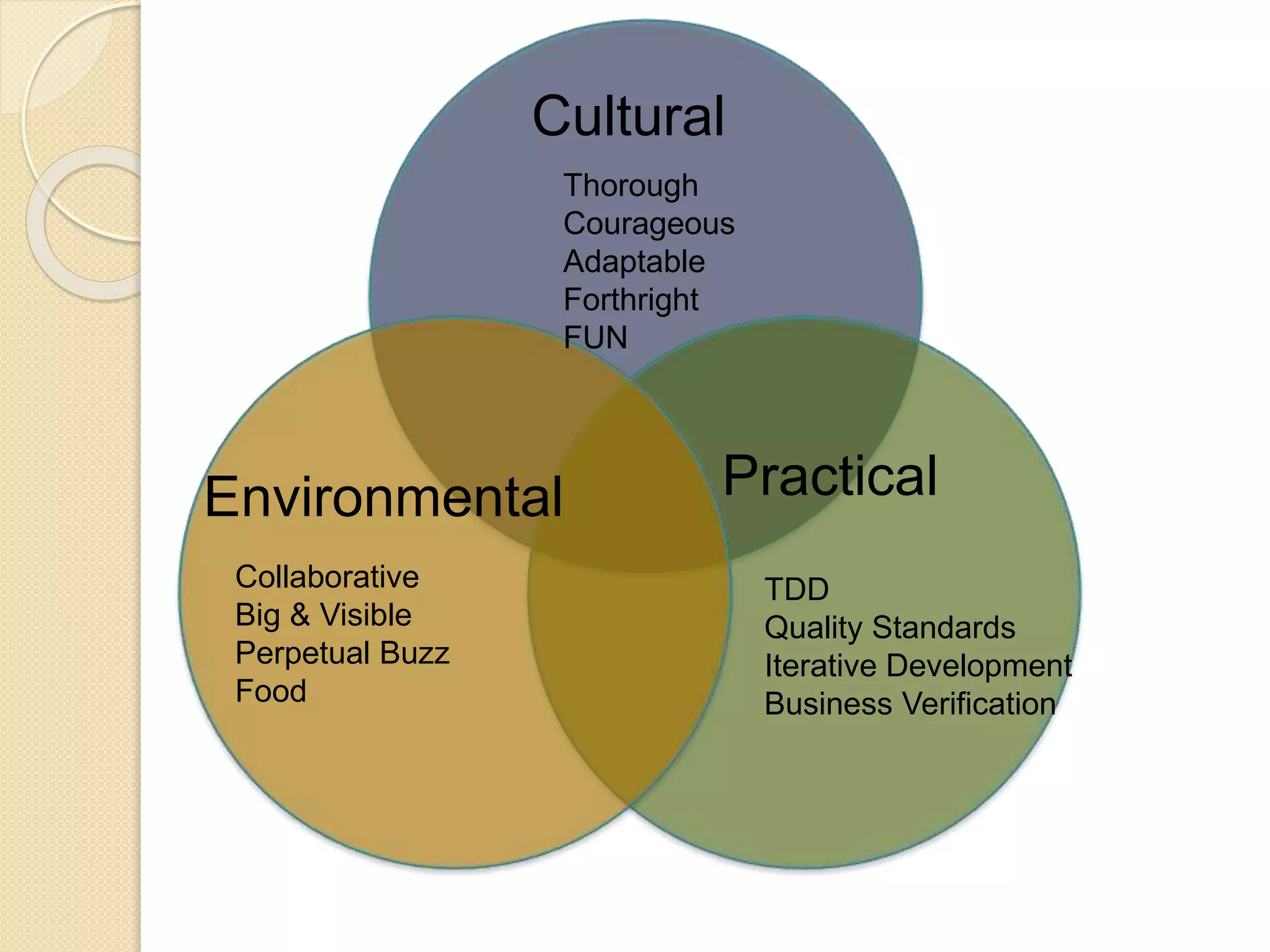 Cultural
Environmental Practical
Collaborative
Big & Visible
Perpetual Buzz
Food
Thorough
Courageous
Adaptable
Forthright
FUN
TDD
Quality Standards
Iterative Development
Business Verification
 