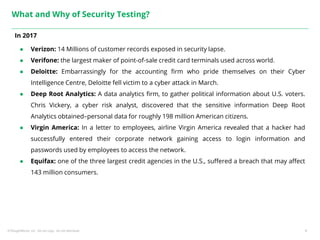 ©ThoughtWorks, Inc. Do not copy. Do not distribute. 9
What and Why of Security Testing?
In 2017
● Verizon: 14 Millions of customer records exposed in security lapse.
● Verifone: the largest maker of point-of-sale credit card terminals used across world.
● Deloitte: Embarrassingly for the accounting firm who pride themselves on their Cyber
Intelligence Centre, Deloitte fell victim to a cyber attack in March.
● Deep Root Analytics: A data analytics firm, to gather political information about U.S. voters.
Chris Vickery, a cyber risk analyst, discovered that the sensitive information Deep Root
Analytics obtained–personal data for roughly 198 million American citizens.
● Virgin America: In a letter to employees, airline Virgin America revealed that a hacker had
successfully entered their corporate network gaining access to login information and
passwords used by employees to access the network.
● Equifax: one of the three largest credit agencies in the U.S., suffered a breach that may affect
143 million consumers.
 