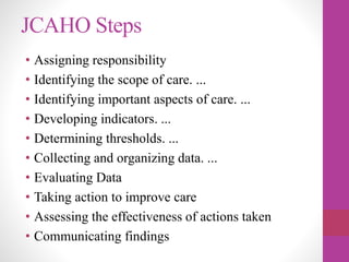 JCAHO Steps
• Assigning responsibility
• Identifying the scope of care. ...
• Identifying important aspects of care. ...
• Developing indicators. ...
• Determining thresholds. ...
• Collecting and organizing data. ...
• Evaluating Data
• Taking action to improve care
• Assessing the effectiveness of actions taken
• Communicating findings
 