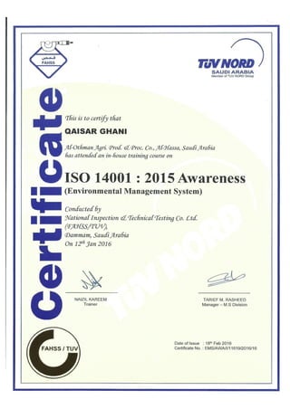 QAISAR GHANI CV & CERTIFICATES,  