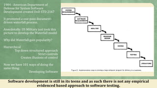 1984 : American Department of
Defense for System Software
Development created DoD STD 2167
It promoted a one-pass document-
driven waterfall process.
Anecdotally: US Military just took this
picture to develop the Waterfall model
Why did Waterfall gain popularity?
Hierarchical
Top down structured approach
Strict controls
Creates illusions of control
Now we have 101 ways of doing the
same thing:
Developing Software
Software development is still in its teens and as such there is not any empirical
evidenced based approach to software testing.
 