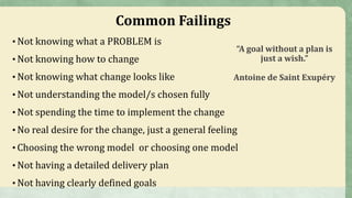 Common Failings
• Not knowing what a PROBLEM is
• Not knowing how to change
• Not knowing what change looks like
• Not understanding the model/s chosen fully
• Not spending the time to implement the change
• No real desire for the change, just a general feeling
• Choosing the wrong model or choosing one model
• Not having a detailed delivery plan
• Not having clearly defined goals
“A goal without a plan is
just a wish.”
Antoine de Saint Exupéry
 