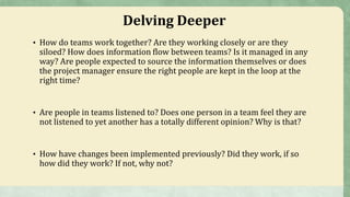 Delving Deeper
• How do teams work together? Are they working closely or are they
siloed? How does information flow between teams? Is it managed in any
way? Are people expected to source the information themselves or does
the project manager ensure the right people are kept in the loop at the
right time?
• Are people in teams listened to? Does one person in a team feel they are
not listened to yet another has a totally different opinion? Why is that?
• How have changes been implemented previously? Did they work, if so
how did they work? If not, why not?
 