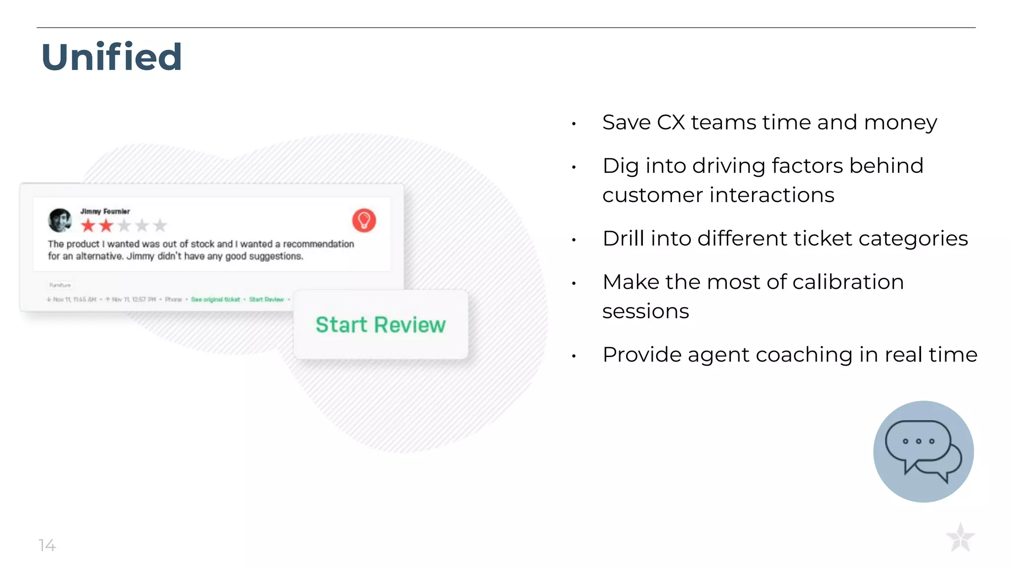 Uniﬁed
14
• Save CX teams time and money
• Dig into driving factors behind
customer interactions
• Drill into different ticket categories
• Make the most of calibration
sessions
• Provide agent coaching in real time
 