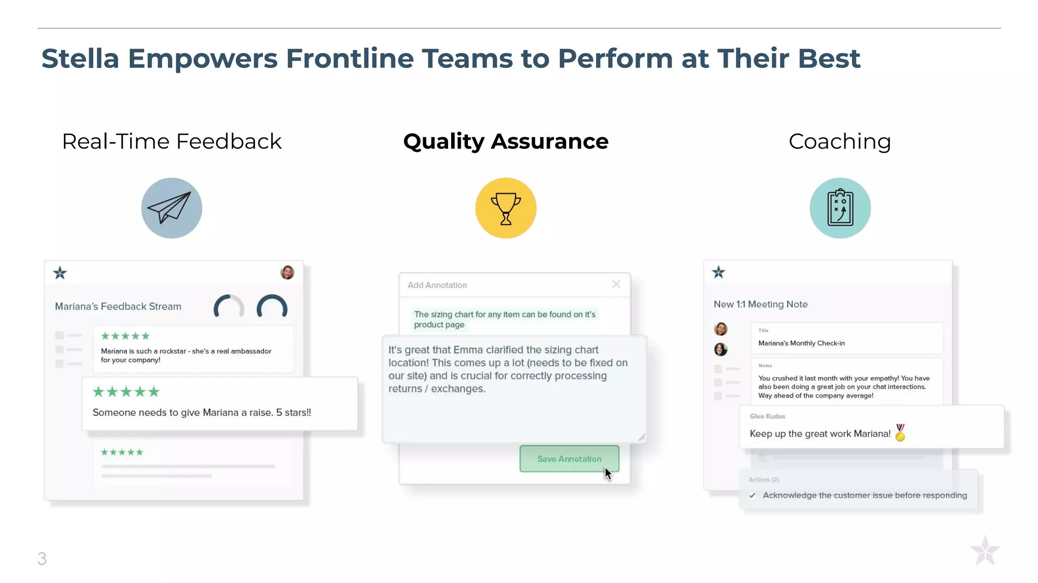 Real-Time Feedback
3
Stella Empowers Frontline Teams to Perform at Their Best
Quality Assurance Coaching
 