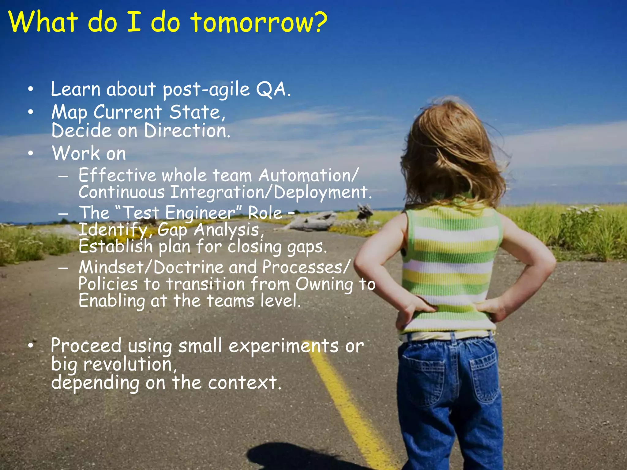 What do I do tomorrow? • Learn about post-agile QA. • Map Current State, Decide on Direction. • Work on – Effective whole team Automation/ Continuous Integration/Deployment. – The “Test Engineer” Role – Identify, Gap Analysis, Establish plan for closing gaps. – Mindset/Doctrine and Processes/ Policies to transition from Owning to Enabling at the teams level. • Proceed using small experiments or big revolution, depending on the context. 19 All Rights Reserved- AgileSparks 