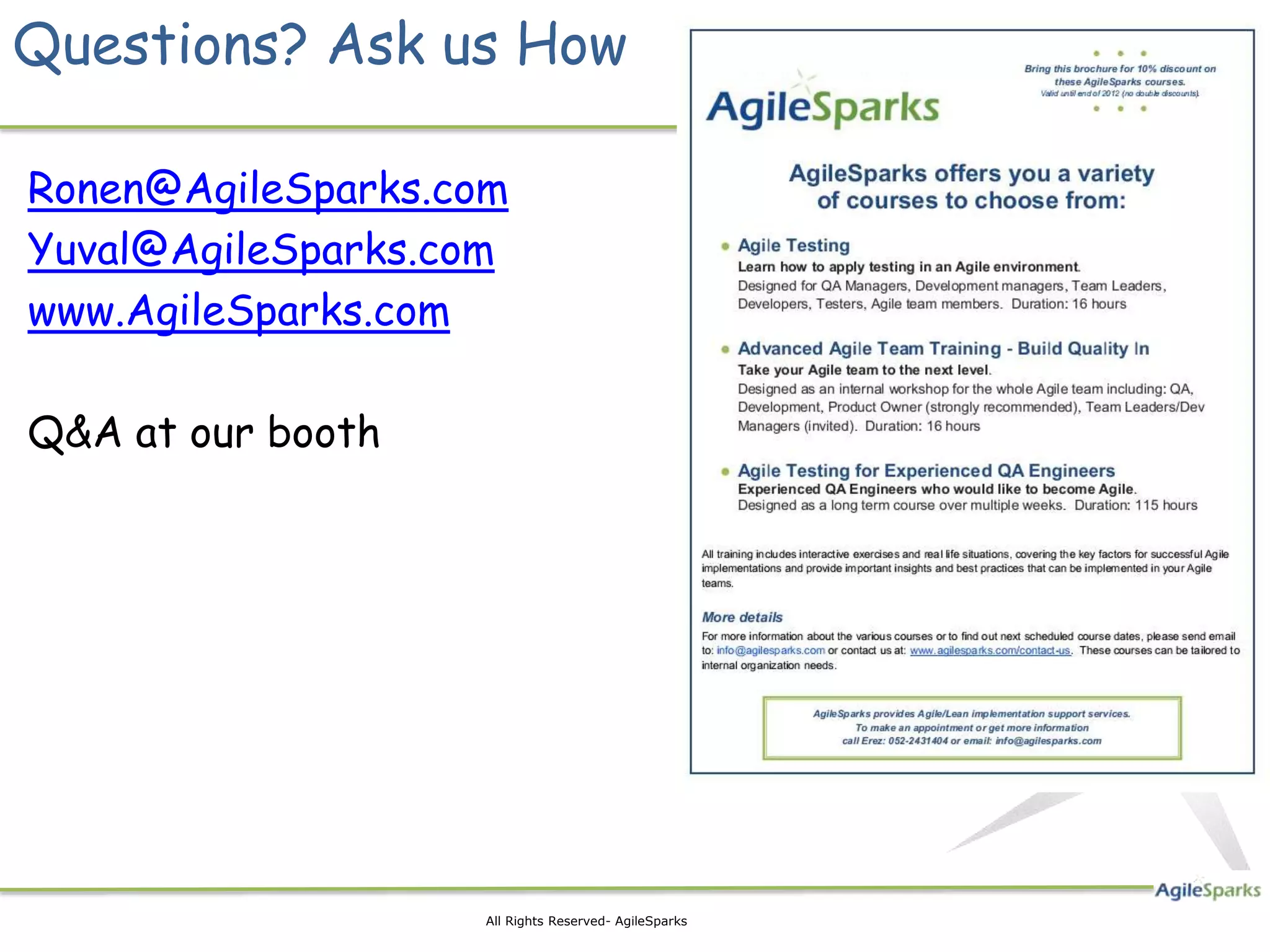 Questions? Ask us How Ronen@AgileSparks.com Yuval@AgileSparks.com www.AgileSparks.com Q&A at our booth 21 All Rights Reserved- AgileSparks 