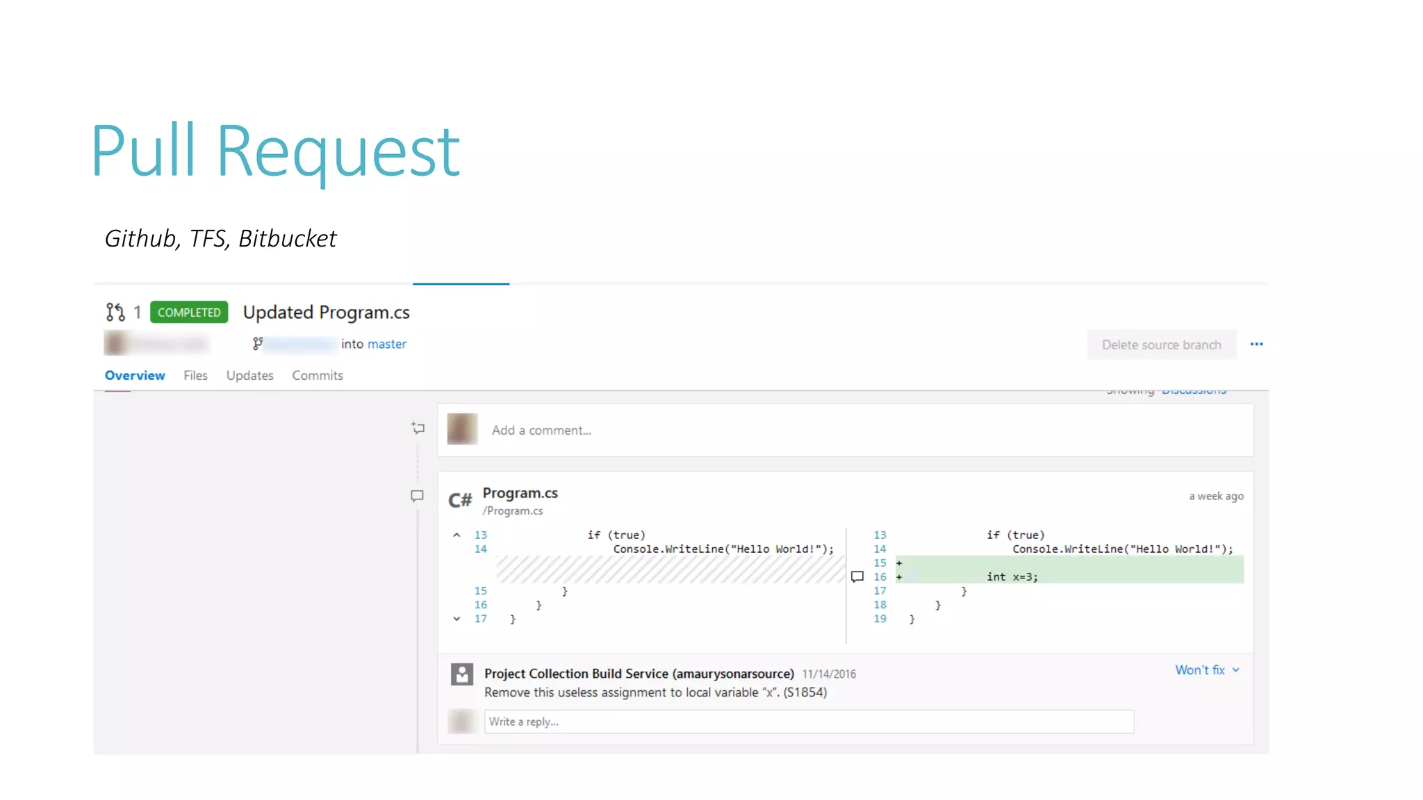 Pull Request
Github, TFS, Bitbucket
 