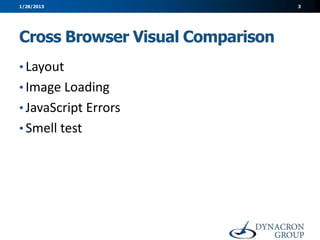 1/28/2013                         3




Cross Browser Visual Comparison
• Layout
• Image Loading
• JavaScript Errors
• Smell test
 