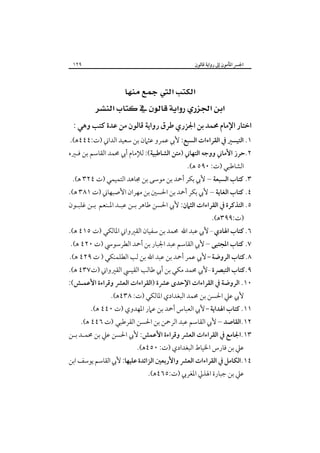 ‫اﳉﴪ اﳌﺄﻣﻮن إﱃ رواﻳﺔ ﻗﺎﻟﻮن‬

‫٩٢١‬

‫‪‬‬
‫‪ ‬‬
‫اﺧﺘﺎر اﻹﻣﺎم ﳏﻤﺪ ﺑﻦ اﳉﺰري ﻃﺮق رواﻳﺔ ﻗﺎﻟﻮن ﻣﻦ ﻋﺪة ﻛﺘﺐ وﻫﻲ :‬

‫١. اﻟﺘﻴﺴﲑ ﰲ اﻟﻘﺮاءات اﻟﺴﺒﻊ: ﻷﰊ ﻋﻤﺮو ﻋﺜﲈن ﺑﻦ ﺳﻌﻴﺪ اﻟﺪاﲏ )ت:٤٤٤ﻫ(.‬

‫٢.ﺣﺮز اﻷﻣﺎﲏ ووﺟﻪ اﻟﺘﻬﺎﲏ )ﻣﺘﻦ اﻟﺸﺎﻃﺒﻴﺔ(: ﻟﻺﻣﺎم أﰊ ﳏﻤﺪ اﻟﻘﺎﺳﻢ ﺑﻦ ﻓـﲑه‬
‫اﻟﺸﺎﻃﺒﻲ )ت: ٠٩٥ ﻫ(.‬

‫٣. ﻛﺘﺎب اﻟﺴﺒﻌﺔ – ﻷﰊ ﺑﻜﺮ أﲪﺪ ﺑﻦ ﻣﻮﺳﻰ ﺑﻦ ﳎﺎﻫﺪ اﻟﺘﻤﻴﻤﻲ )ت ٤٢٣ ﻫ(.‬

‫٤. ﻛﺘﺎب اﻟﻐﺎﻳﺔ – ﻷﰊ ﺑﻜﺮ أﲪﺪ ﺑﻦ اﳊﺴﲔ ﺑﻦ ﻣﻬﺮان اﻷﺻﺒﻬﺎﲏ )ت ١٨٣ ﻫ(.‬

‫٥. اﻟﺘﺬﻛﺮة ﰲ اﻟﻘﺮاءات اﻟﺜﲈن: ﻷﰊ اﳊﺴﻦ ﻃﺎﻫﺮ ﺑـﻦ ﻋﺒـﺪ اﳌـﻨﻌﻢ ﺑـﻦ ﻏﻠﺒـﻮن‬
‫)ت:٩٩٣ﻫ(.‬

‫٦. ﻛﺘﺎب اﳍﺎدي – ﻷﰊ ﻋﺒﺪ اﷲ ﳏﻤﺪ ﺑﻦ ﺳﻔﻴﺎن اﻟﻘﲑواﲏ اﳌﺎﻟﻜﻲ )ت ٥١٤ ﻫ(.‬
‫٧. ﻛﺘﺎب اﳌﺠﺘﺒﻰ – ﻷﰊ اﻟﻘﺎﺳﻢ ﻋﺒﺪ اﳉﺒﺎر ﺑﻦ أﲪﺪ اﻟﻄﺮﺳﻮﳼ )ت ٠٢٤ ﻫ(.‬

‫٨.ﻛﺘﺎب اﻟﺮوﺿﺔ – ﻷﰊ ﻋﻤﺮ أﲪﺪ ﺑﻦ ﻋﺒﺪ اﷲ ﺑﻦ ﻟﺐ اﻟﻄﻠﻤﻨﻜﻲ ) ت ٩٢٤ ﻫ(.‬

‫٩.ﻛﺘﺎب اﻟﺘﺒﴫة –ﻷﰊ ﳏﻤﺪ ﻣﻜﻲ ﺑﻦ أﰊ ﻃﺎﻟﺐ اﻟﻘﻴﴘ اﻟﻘﲑواﲏ )ت٧٣٤ ﻫ(.‬

‫٠١. اﻟﺮوﺿﺔ ﰲ اﻟﻘﺮاءات اﻹﺣﺪى ﻋﴩة )اﻟﻘﺮاءات اﻟﻌﴩ وﻗﺮاءة اﻷﻋﻤـﺶ(:‬
‫ﻷﰊ ﻋﲇ اﳊﺴﻦ ﺑﻦ ﳏﻤﺪ اﻟﺒﻐﺪادي اﳌﺎﻟﻜﻲ )ت: ٨٣٤ﻫ(.‬

‫١١. ﻛﺘﺎب اﳍﺪاﻳﺔ – ﻷﰊ اﻟﻌﺒﺎس أﲪﺪ ﺑﻦ ﻋﲈر اﳌﻬﺪوي )ت ٠٤٤ ﻫ(.‬

‫٢١.اﻟﻘﺎﺻﺪ – ﻷﰊ اﻟﻘﺎﺳﻢ ﻋﺒﺪ اﻟﺮﲪﻦ ﺑﻦ اﳊﺴﻦ اﻟﻘﺮﻃﺒﻲ )ت ٦٤٤ ﻫ(.‬

‫٣١.اﳉﺎﻣﻊ ﰲ اﻟﻘﺮاءات اﻟﻌﴩ وﻗﺮاءة اﻷﻋﻤﺶ: ﻷﰊ اﳊﺴﻦ ﻋﲇ ﺑﻦ ﳏﻤـﺪ ﺑـﻦ‬
‫ﻋﲇ ﺑﻦ ﻓﺎرس اﳋﻴﺎط اﻟﺒﻐﺪادي )ت: ٠٥٤ﻫ(.‬

‫٤١.اﻟﻜﺎﻣﻞ ﰲ اﻟﻘﺮاءات اﻟﻌﴩ واﻷرﺑﻌﲔ اﻟﺰاﺋﺪة ﻋﻠﻴﻬﺎ: ﻷﰊ اﻟﻘﺎﺳﻢ ﻳﻮﺳﻒ اﺑﻦ‬
‫ﻋﲇ ﺑﻦ ﺟﺒﺎرة اﳍﺬﱄ اﳌﻐﺮﰊ )ت:٥٦٤ﻫ(.‬

 