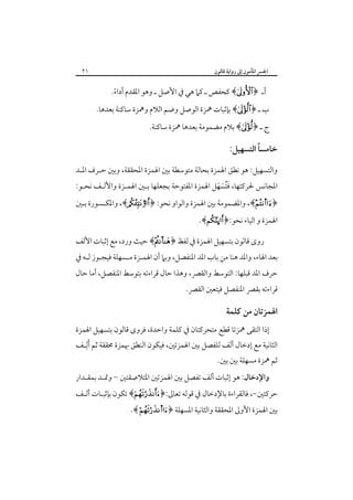 ‫اﳉﴪ اﳌﺄﻣﻮن إﱃ رواﻳﺔ ﻗﺎﻟﻮن‬

‫١٢‬

‫أـ ﴿‪ ﴾‬ﻛﺤﻔﺺ ـ ﻛﲈ ﻫﻲ ﰲ اﻷﺻﻞ ـ وﻫﻮ اﳌﻘﺪم أداء.‬
‫ً‬

‫ب ـ ﴿‪ ﴾‬ﺑﺈﺛﺒﺎت ﳘﺰة اﻟﻮﺻﻞ وﺿﻢ اﻟﻼم وﳘﺰة ﺳﺎﻛﻨﺔ ﺑﻌﺪﻫﺎ.‬
‫ج ـ ﴿‪ ﴾‬ﺑﻼم ﻣﻀﻤﻮﻣﺔ ﺑﻌﺪﻫﺎ ﳘﺰة ﺳﺎﻛﻨﺔ.‬

‫ً‬
‫ﺧﺎﻣﺴﺎ اﻟﺘﺴﻬﻴﻞ:‬
‫واﻟﺘﺴﻬﻴﻞ: ﻫﻮ ﻧﻄﻖ اﳍﻤﺰة ﺑﺤﺎﻟﺔ ﻣﺘﻮﺳﻄﺔ ﺑﲔ اﳍﻤﺰة اﳌﺤﻘﻘﺔ، وﺑﲔ ﺣـﺮف اﳌـﺪ‬

‫اﳌﺠﺎﻧﺲ ﳊﺮﻛﺘﻬﺎ، ﻓﺘﺴﻬﻞ اﳍﻤﺰة اﳌﻔﺘﻮﺣﺔ ﺑﺠﻌﻠﻬﺎ ﺑـﲔ اﳍﻤـﺰة واﻷﻟـﻒ ﻧﺤـﻮ:‬
‫َُ َ َ‬

‫﴿‪ ،﴾s‬واﳌﻀﻤﻮﻣﺔ ﺑﲔ اﳍﻤﺰة واﻟﻮاو ﻧﺤﻮ: ﴿‪ ،﴾4‬واﳌﻜـﺴﻮرة ﺑـﲔ‬
‫اﳍﻤﺰة و اﻟﻴﺎء ﻧﺤﻮ:﴿‪.﴾ú‬‬

‫روى ﻗﺎﻟﻮن ﺑﺘﺴﻬﻴﻞ اﳍﻤﺰة ﰲ ﻟﻔﻆ ﴿‪ ﴾†‬ﺣﻴﺚ ورد، ﻣﻊ إﺛﺒﺎت اﻷﻟﻒ‬

‫ﺑﻌﺪ اﳍﺎء، واﳌﺪ ﻫﻨﺎ ﻣﻦ ﺑﺎب اﳌﺪ اﳌﻨﻔﺼﻞ، وﺑﲈ أن اﳍﻤـﺰة ﻣـﺴﻬﻠﺔ ﻓﻴﺠـﻮز ﻟـﻪ ﰲ‬

‫ﺣﺮف اﳌﺪ ﻗﺒﻠﻬﺎ: اﻟﺘﻮﺳﻂ واﻟﻘﴫ، وﻫﺬا ﺣﺎل ﻗﺮاءﺗﻪ ﺑﺘﻮﺳﻂ اﳌﻨﻔﺼﻞ، أﻣﺎ ﺣﺎل‬

‫ﻗﺮاءﺗﻪ ﺑﻘﴫ اﳌﻨﻔﺼﻞ ﻓﻴﺘﻌﲔ اﻟﻘﴫ.‬

‫اﳍﻤﺰﺗﺎن ﻣﻦ ﻛﻠﻤﺔ‬
‫إذا اﻟﺘﻘﻰ ﳘﺰﺗﺎ ﻗﻄﻊ ﻣﺘﺤﺮﻛﺘﺎن ﰲ ﻛﻠﻤﺔ واﺣﺪة، ﻓﺮوى ﻗﺎﻟﻮن ﺑﺘﺴﻬﻴﻞ اﳍﻤﺰة‬
‫ِ‬
‫اﻟﺜﺎﻧﻴﺔ ﻣﻊ إدﺧﺎل أﻟﻒ ﻟﻠﻔﺼﻞ ﺑﲔ اﳍﻤﺰﺗﲔ، ﻓﻴﻜﻮن اﻟﻨﻄﻖ ﲠﻤﺰة ﳏﻘﻘﺔ ﺛﻢ َأﻟـﻒ‬

‫ﺛﻢ ﳘﺰة ﻣﺴﻬﻠﺔ ﺑﲔ ﺑﲔ.‬

‫واﻹدﺧﺎل: ﻫﻮ إﺛﺒﺎت أﻟﻒ ﺗﻔﺼﻞ ﺑﲔ اﳍﻤﺰﺗﲔ اﳌﺘﻼﺻﻘﺘﲔ – وﲤـﺪ ﺑﻤﻘـﺪار‬

‫ﺣﺮﻛﺘﲔ-، ﻓﺎﻟﻘﺮاءة ﺑﺎﻹدﺧﺎل ﰲ ﻗﻮﻟﻪ ﺗﻌﺎﱃ:﴿‪ ﴾‬ﺗﻜﻮن ﺑﺈﺛﺒـﺎت أﻟـﻒ‬

‫ﺑﲔ اﳍﻤﺰة اﻷوﱃ اﳌﺤﻘﻘﺔ واﻟﺜﺎﻧﻴﺔ اﳌﺴﻬﻠﺔ ﴿‪.﴾ s‬‬

 