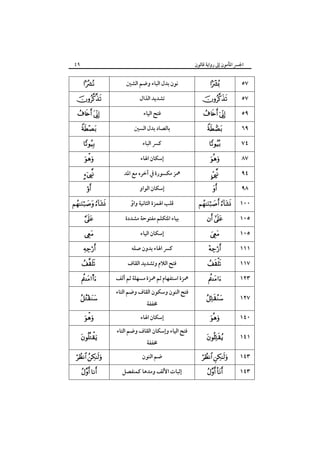 ٤٩

‫اﳉﴪ اﳌﺄﻣﻮن إﱃ رواﻳﺔ ﻗﺎﻟﻮن‬

 


 







 




 


s



 
 

‫ﻧﻮن ﺑﺪل اﻟﺒﺎء وﺿﻢ اﻟﺸﲔ‬
‫ﺗﺸﺪﻳﺪ اﻟﺬال‬
‫ﻓﺘﺢ اﻟﻴﺎء‬
‫ﺑﺎﻟﺼﺎد ﺑﺪل اﻟﺴﲔ‬
‫ﻛﴪ اﻟﺒﺎء‬
‫إﺳﻜﺎن اﳍﺎء‬
‫ﳘﺰ ﻣﻜﺴﻮرة ﰲ آﺧﺮه ﻣﻊ اﳌﺪ‬
‫إﺳﻜﺎن اﻟﻮاو‬
‫ﻗﻠﺐ اﳍﻤﺰة اﻟﺜﺎﻧﻴﺔ واو‬
ً
‫ﺑﻴﺎء اﳌﺘﻜﻠﻢ ﻣﻔﺘﻮﺣﺔ ﻣﺸﺪدة‬
‫إﺳﻜﺎن اﻟﻴﺎء‬
‫ﻛﴪ اﳍﺎء ﺑﺪون ﺻﻠﻪ‬
‫ﻓﺘﺢ اﻟﻼم وﺗﺸﺪﻳﺪ اﻟﻘﺎف‬
‫ﳘﺰة اﺳﺘﻔﻬﺎم ﺛﻢ ﳘﺰة ﻣﺴﻬﻠﺔ ﺛﻢ أﻟﻒ‬
‫ﻓﺘﺢ اﻟﻨﻮن وﺳﻜﻮن اﻟﻘﺎف وﺿﻢ اﻟﺘﺎء‬
‫ﳐﻔﻔﺔ‬

‫إﺳﻜﺎن اﳍﺎء‬
‫ﻓﺘﺢ اﻟﻴﺎء وإﺳﻜﺎن اﻟﻘﺎف وﺿﻢ اﻟﺘﺎء‬
‫ﳐﻔﻔﺔ‬

‫ﺿﻢ اﻟﻨﻮن‬
‫إﺛﺒﺎت اﻷﻟﻒ وﻣﺪﻫﺎ ﻛﻤﻨﻔﺼﻞ‬




 






 
 






٥٧
٥٧
٥٩
٦٩
٧٤
٨٧
٩٤
٩٨
١٠٠
١٠٥
١٠٥
١١١
١١٧



١٢٣



١٢٧



١٤٠



١٤١

 

١٤٣

 

١٤٣

 