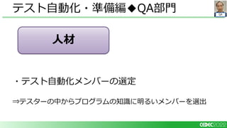 QA
・テスト自動化メンバーの選定
⇒テスターの中からプログラムの知識に明るいメンバーを選出
テスト自動化・準備編◆QA部門
人材
 