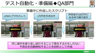 QA
テスト自動化・準備編◆QA部門
同じ操作を繰り返し試行することで発生するかもしれない
不具合を自動検知することを目的として作成
ATMにアクセスして 1万円を引き出す
所持金が100万円に
なるまで繰り返す
準備中に作成したスクリプト
©SEGA
©SEGA
©SEGA
 