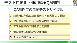 QA
QA部門での自動テストサイクル
テスト自動化・運用編◆QA部門
1. 終業時に作成した自動テストを実行して退勤
2. 翌日始業時にテスト結果の内容を確認
3. テスト結果内の問題部分を調査
5. １～４の繰り返し
4. 他の箇所に問題がないか確認
 