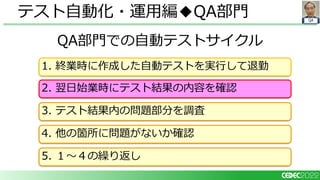 QA
QA部門での自動テストサイクル
テスト自動化・運用編◆QA部門
1. 終業時に作成した自動テストを実行して退勤
2. 翌日始業時にテスト結果の内容を確認
3. テスト結果内の問題部分を調査
5. １～４の繰り返し
4. 他の箇所に問題がないか確認
 