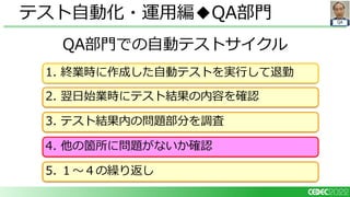 QA
QA部門での自動テストサイクル
テスト自動化・運用編◆QA部門
1. 終業時に作成した自動テストを実行して退勤
2. 翌日始業時にテスト結果の内容を確認
3. テスト結果内の問題部分を調査
5. １～４の繰り返し
4. 他の箇所に問題がないか確認
 