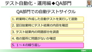 QA
QA部門での自動テストサイクル
テスト自動化・運用編◆QA部門
1. 終業時に作成した自動テストを実行して退勤
2. 翌日始業時にテスト結果の内容を確認
3. テスト結果内の問題部分を調査
5. １～４の繰り返し
4. 他の箇所に問題がないか確認
 
