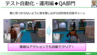 QA
テスト自動化・運用編◆QA部門
敵に見つからないように身を隠しながら目的地を目指すシーン
複雑なアクションでも自動でクリア！
 