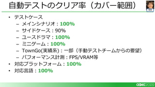 開発
• テストケース
– メインシナリオ：100%
– サイドケース：90%
– ユースドラマ：100%
– ミニゲーム：100%
– TownGo(実績系)：一部（手動テストチームからの要望）
– パフォーマンス計測：FPS/VRAM等
• 対応プラットフォーム：100%
• 対応言語：100%
自動テストのクリア率（カバー範囲）
 