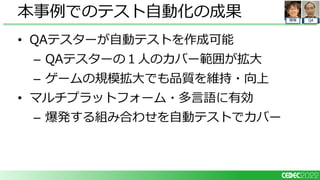 QA
開発
• QAテスターが自動テストを作成可能
– QAテスターの１人のカバー範囲が拡大
– ゲームの規模拡大でも品質を維持・向上
• マルチプラットフォーム・多言語に有効
– 爆発する組み合わせを自動テストでカバー
本事例でのテスト自動化の成果
 