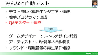開発
• テスト自動化専任エンジニア：達成
• 若手プログラマ：達成
• QAテスター：達成
みんなで自動テスト
• ゲームデザイナー：レベルデザイン確認
• アーティスト：UIや背景の自動撮影
• サウンド：環境音等の再生条件確認
将来
 