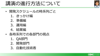 開発
• 開発スケジュールの時系列ごと
1. きっかけ編
2. 準備編
3. 運用編
4. 結果編
• 各時系列での各部門の視点
1. QA部門
2. 開発部門
3. 自動化技術者
講演の進行方法について
 