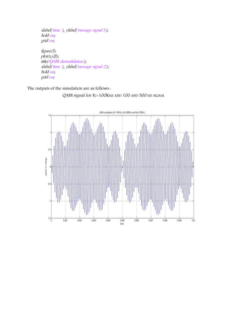 xlabel('time '), ylabel('message signal 1');
hold on;
grid on;
figure(5)
plot(t,y2l);
title('QAM demodulation');
xlabel('time '), ylabel('message signal 2');
hold on;
grid on;
The outputs of the simulation are as follows-
QAM signal for Fc=100KHZ AND 100 AND 500 HZ SIGNAL
 