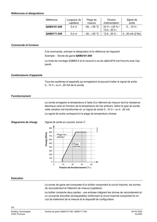 Références et désignations
Référence

Longueur du
capillaire

Plage de
mesure

Tension
d'alimentation

Signal de
sortie

QAM2161.040

0,4 m

− 50...+ 50 °C

24 V~ ± 20 % /
13,5...35 V–

0 ...10 V–

QAM2171.040

0,4 m

− 50...+ 50 °C

13,5...35 V–

4...20 mA (2 fils)

Commande et livraison
A la commande, préciser la désignation et la référence de l'appareil.
Exemple : Sonde de gaine QAM2161.040
La bride de montage AQM63.0 et le raccord à vis de câble M16 sont fournis avec l'appareil.

Combinaisons d'appareils
Tous les systèmes et appareils qui enregistrent et peuvent traiter le signal de sortie
0...10 V – ou 4...20 mA de la sonde.

Fonctionnement
La sonde enregistre la température à l'aide d'un élément de mesure dont la résistance
électrique varie en fonction de la température de l'air ambiant. Selon le type de sonde,
cette variation est transformée en un signal de sortie 0...10 V–- ou 4...20 mA.
Le signal de sortie correspond à la plage de température choisie.
Signal de sortie en courant, borne I1
1762D02fr

Diagramme de charge

Charge [Ohm]

900
800

Plage non
admise !

700
600
500

Plage
admise

400
300
200
100
0
0

10

20

30

40

Tension de fonctionnement [V−]

Exécution
La sonde de gaine est composée d'un boîtier comportant le circuit imprimé, les bornes
de raccordement et l'élément de mesure (capillaire).
Le boîtier comporte deux parties : une embase intégrant les bornes de raccordement et
un couvercle amovible (encliquetable) renfermant le circuit imprimé comportant le circuit de traitement de la mesure et le dispositif de configuration.
2/6
Building Technologies
HVAC Products

Sondes de gaine QAM2161.040, QAM2171.040

CE1N1762fr
04.2005

 