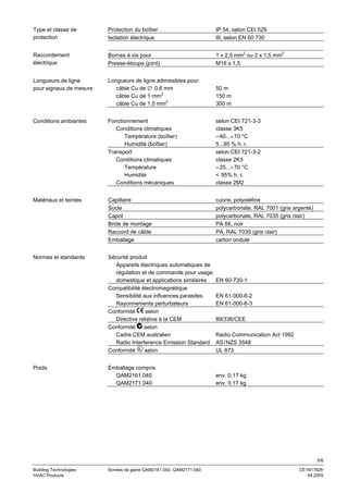 Type et classe de
protection

Protection du boîtier
Isolation électrique

IP 54, selon CEI 529
III, selon EN 60 730

Raccordement
électrique

Bornes à vis pour
Presse-étoupe (joint)

1 x 2,5 mm2 ou 2 x 1,5 mm2
M16 x 1,5

Longueurs de ligne
pour signaux de mesure

Longueurs de ligne admissibles pour
câble Cu de ∅ 0,6 mm
câble Cu de 1 mm2
câble Cu de 1,5 mm2

50 m
150 m
300 m

Conditions ambiantes

Fonctionnement
Conditions climatiques
Température (boîtier)
Humidité (boîtier)
Transport
Conditions climatiques
Température
Humidité
Conditions mécaniques

selon CEI 721-3-3
classe 3K5
– 40...+ 70 °C
5...95 % h. r.
selon CEI 721-3-2
classe 2K3
– 25...+ 70 °C
< 95% h. r.
classe 2M2

Matériaux et teintes

Capillaire
Socle
Capot
Bride de montage
Raccord de câble
Emballage

cuivre, polyoléfine
polycarbonate, RAL 7001 (gris argenté)
polycarbonate, RAL 7035 (gris clair)
PA 66, noir
PA, RAL 7035 (gris clair)
carton ondulé

Normes et standards

Sécurité produit
Appareils électriques automatiques de
régulation et de commande pour usage
domestique et applications similaires
Compatibilité électromagnétique
Sensibilité aux influences parasites
Rayonnements perturbateurs
Conformité
selon
Directive relative à la CEM
Conformité
selon
Cadre CEM australien
Radio Interference Emission Standard
Conformité
selon

Poids

Emballage compris
QAM2161.040
QAM2171.040

EN 60-730-1
EN 61-000-6-2
EN 61-000-6-3
89/336/CEE
Radio Communication Act 1992
AS / NZS 3548
UL 873

env. 0,17 kg
env. 0,17 kg

5/6
Building Technologies
HVAC Products

Sondes de gaine QAM2161.040, QAM2171.040

CE1N1762fr
04.2005

 