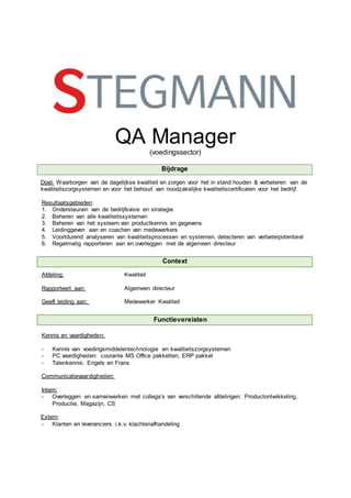 QA Manager
(voedingssector)
Bijdrage
Doel: Waarborgen van de dagelijkse kwaliteit en zorgen voor het in stand houden & verbeteren van de
kwaliteitszorgsystemen en voor het behoud van noodzakelijke kwaliteitscertificaten voor het bedrijf.
Resultaatsgebieden:
1. Ondersteunen van de bedrijfsvisie en strategie
2. Beheren van alle kwaliteitssystemen
3. Beheren van het systeem van productkennis en gegevens
4. Leidinggeven aan en coachen van medewerkers
5. Voortdurend analyseren van kwaliteitsprocessen en systemen, detecteren van verbeterpotentieel
6. Regelmatig rapporteren aan en overleggen met de algemeen directeur
Context
Afdeling: Kwaliteit
Rapporteert aan: Algemeen directeur
Geeft leiding aan: Medewerker Kwaliteit
Functievereisten
Kennis en vaardigheden:
- Kennis van voedingsmiddelentechnologie en kwaliteitszorgsystemen
- PC vaardigheden: courante MS Office pakketten, ERP pakket
- Talenkennis: Engels en Frans
Communicatievaardigheden:
Intern:
- Overleggen en samenwerken met collega’s van verschillende afdelingen: Productontwikkeling,
Productie, Magazijn, CS
Extern:
- Klanten en leveranciers i.k.v. klachtenafhandeling
 