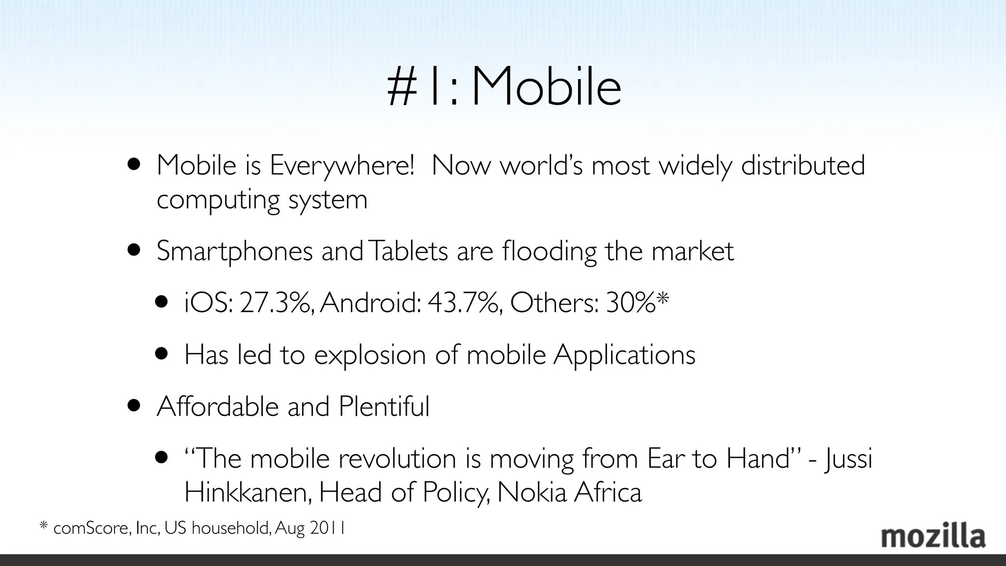 #1: Mobile
          • Mobile is Everywhere!           Now world’s most widely distributed
              computing system
          • Smartphones and Tablets are ﬂooding the market
           • iOS: 27.3%, Android: 43.7%, Others: 30%*
           • Has led to explosion of mobile Applications
          • Affordable and Plentiful
           • “The mobile revolution is moving from Ear to Hand” - Jussi
                  Hinkkanen, Head of Policy, Nokia Africa
* comScore, Inc, US household, Aug 2011
 