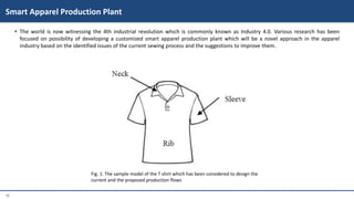 16
 The world is now witnessing the 4th industrial revolution which is commonly known as Industry 4.0. Various research has been
focused on possibility of developing a customized smart apparel production plant which will be a novel approach in the apparel
industry based on the identified issues of the current sewing process and the suggestions to improve them.
Smart Apparel Production Plant
Fig. 1. The sample model of the T shirt which has been considered to design the
current and the proposed production flows
 