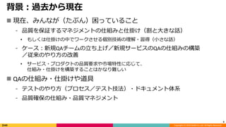 Copyright (C) 2019 DeNA Co.,Ltd. All Rights Reserved.
背景：過去から現在
 現在、みんなが（たぶん）困っていること
⁃ 品質を保証するマネジメントの仕組みと仕掛け（割と大きな話）
• もしくは仕掛けの中でワークさせる個別技術の理解・習得（小さな話）
⁃ ケース：新規QAチームの立ち上げ／新規サービスのQAの仕組みの構築
／従来のやり方の改善
• サービス・プロダクトの品質要求や市場特性に応じて、
仕組み・仕掛けを構築することはかなり難しい
 QAの仕組み・仕掛けや道具
⁃ テストのやり方（プロセス／テスト技法）・ドキュメント体系
⁃ 品質確保の仕組み・品質マネジメント
4
 