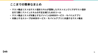 ここまでの簡単なまとめ
• テスト観点リストはテスト設計スキルが習熟したテストエンジニアがテスト設計
を行う際にドメインスキルの不足を補うためのツール
• テスト観点リストが対象とするドメインはWEBサービス・モバイルアプリ
• 対象とするスコープはWEBサービス・モバイルアプリに共通するテスト観点
16
 