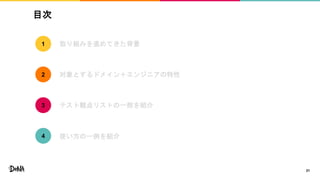 目次
21
取り組みを進めてきた背景
対象とするドメイン＋エンジニアの特性
テスト観点リストの一部を紹介
1
2
3
使い方の一例を紹介4
 