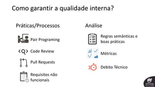 Como garantir a qualidade interna?
Debito Técnico
Pair Programing
Code Review
Pull Requests
Práticas/Processos Análise
Regras semânticas e
boas práticas
Métricas
Requisitos não
funcionais
 