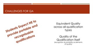 CHALLENGES FOR QA
Equivalent Quality
across all qualification
types
Quality of the
Qualification itself
(recognition & portability as elements
of quality)
 