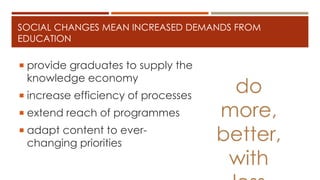 SOCIAL CHANGES MEAN INCREASED DEMANDS FROM
EDUCATION
 provide graduates to supply the
knowledge economy
 increase efficiency of processes
 extend reach of programmes
 adapt content to ever-
changing priorities
do
more,
better,
with
 