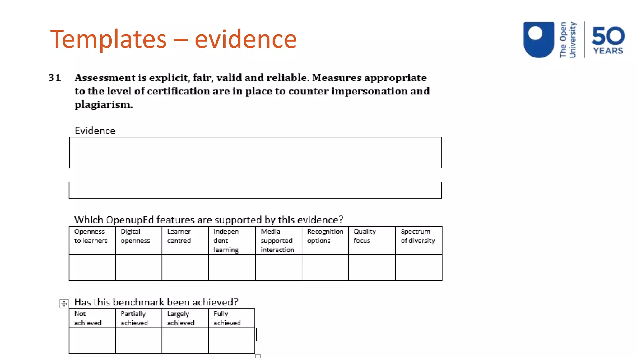Templates – evidence
 