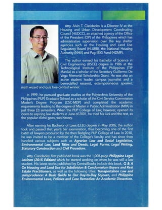 Q & A on Housing and Land Use for Subdivision & Condominium Buyers and Real Estate Practitioners by Atty. Alvin T. Claridades (Back Cover)