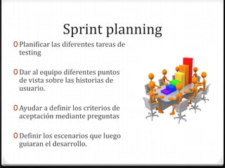 Sprint planning
0 Planificar las diferentes tareas de
testing
0 Dar al equipo diferentes puntos
de vista sobre las historias de
usuario.
0 Ayudar a definir los criterios de
aceptación mediante preguntas
0 Definir los escenarios que luego
guiaran el desarrollo.
 