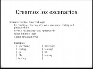 Creamos los escenarios
Scenario Outline: Incorrect login
Precondition: User created with username: testing and
password: fib
Given a <username> and <password>
When I make a login
Then I obtain an error
Examples:
| username | password |
| testing | testing1 |
| qa | fib |
| fib | testing |
| testing | |
 