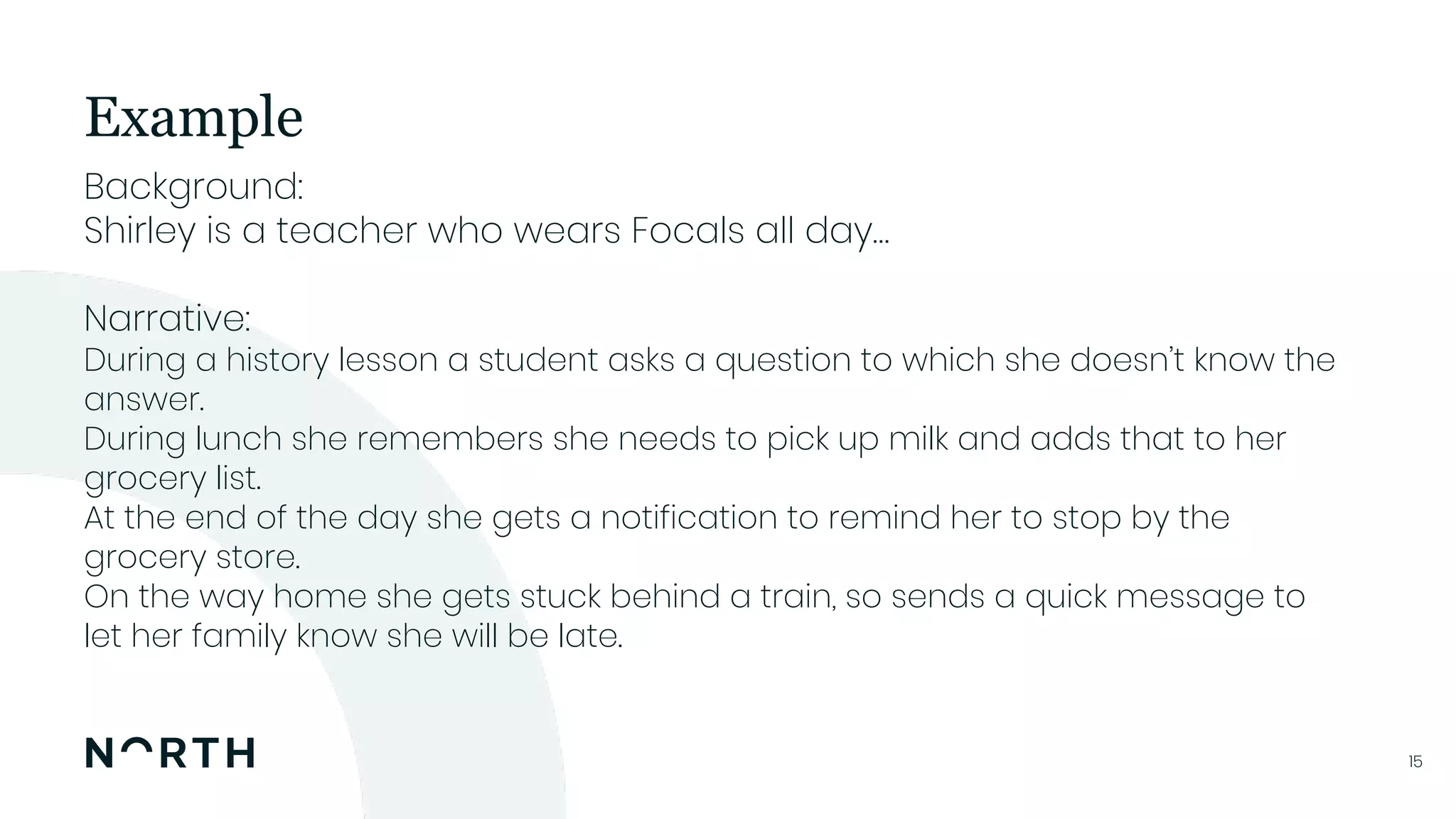 1515
Background:
Shirley is a teacher who wears Focals all day…
Narrative:
During a history lesson a student asks a question to which she doesn’t know the
answer.
During lunch she remembers she needs to pick up milk and adds that to her
grocery list.
At the end of the day she gets a notification to remind her to stop by the
grocery store.
On the way home she gets stuck behind a train, so sends a quick message to
let her family know she will be late.
Example
 