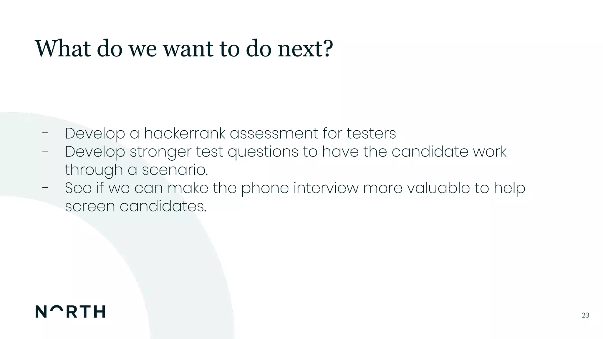 2323
- Develop a hackerrank assessment for testers
- Develop stronger test questions to have the candidate work
through a scenario.
- See if we can make the phone interview more valuable to help
screen candidates.
What do we want to do next?
 
