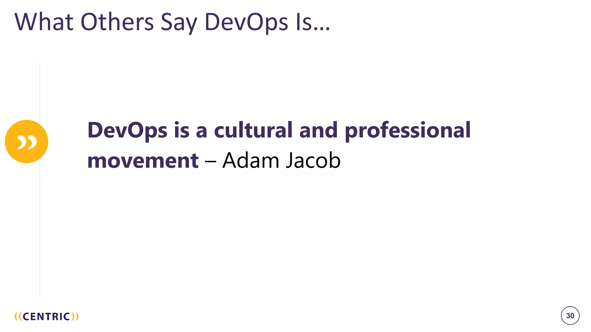 30
What Others Say DevOps Is…
DevOps is a cultural and professional
movement – Adam Jacob
 
