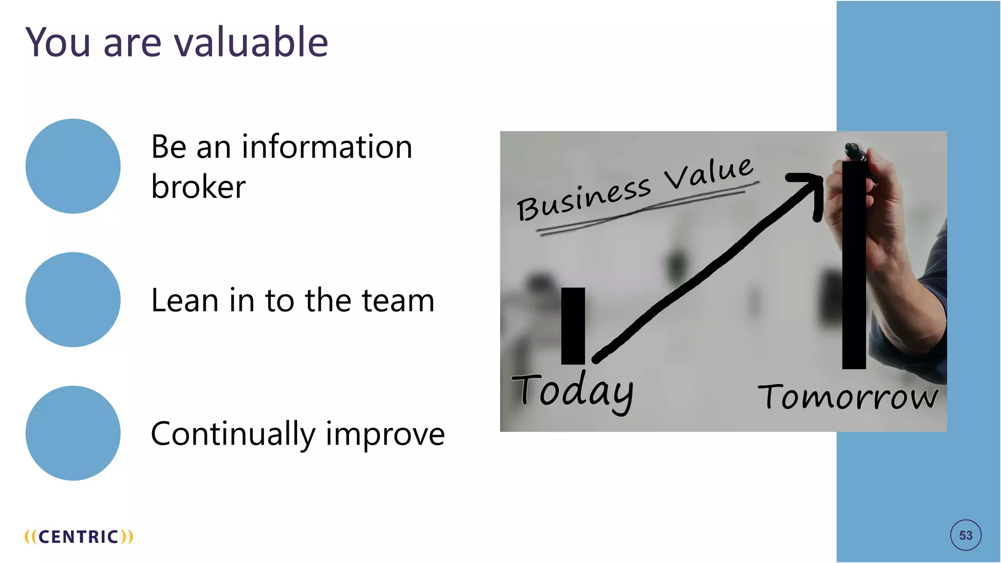 53
You are valuable
53
Be an information
broker
Lean in to the team
Continually improve
 